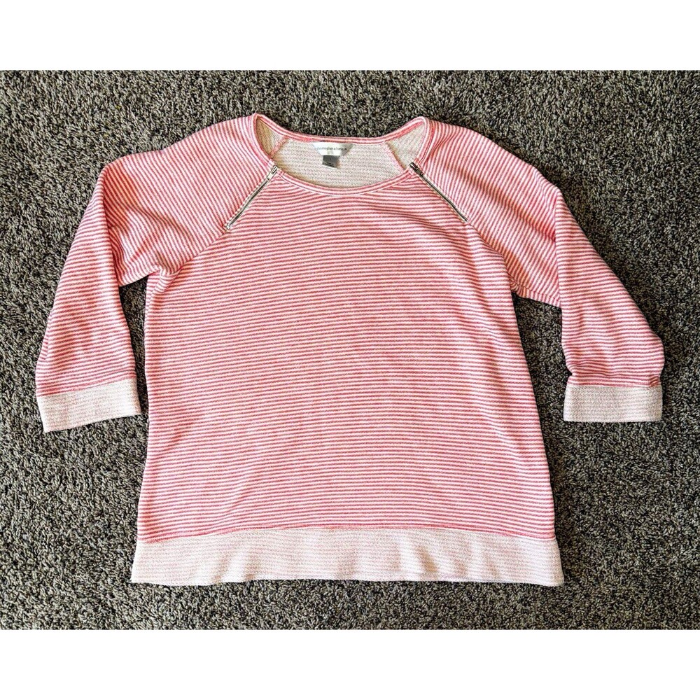 Christopher & Banks Women’s L Pink/White Striped Knit Round Neck 3/4 Sleeve Top